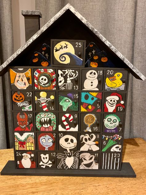 Nightmare Before Christmas Advent Calendar, The Nightmare Before Christmas Diy Decor, Painted Advent Calendar, Wooden House Advent Calendar, Advent Calendar House, Halloween Advent Calendar, Homemade Advent Calendars, Advent Ideas, Halloween Countdown Calendar