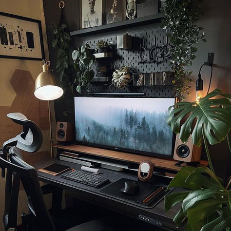 modern desk setup Black And Wood Pc Setup, Wood And Black Gaming Setup, Black And Wood Desk Setup, Black And Green Setup, Pc Workstation Setup, Masculine Desk Setup, Small Desktop Setup, Industrial Desk Setup, Mens Desk Setup