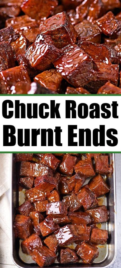 These oven-baked Poor Man's Burnt Ends are made with a homemade rub and your favorite BBQ sauce. You can enjoy these budget-friendly chuck roast bites with coleslaw, in tacos, or as sandwiches. Learn how to turn these frugal ingredients into a mouthwatering BBQ that rivals the best steak bites. Whether you're hosting a Memorial Day cookout or simply craving a meaty snack, these Chuck Roast Burnt Ends are sure to be a crowd-pleaser. Burnt Ends In Oven, Chuck Roast Recipe Oven, Chuck Roast Burnt Ends, Roast Burnt Ends, Poor Man's Burnt Ends, Beef Chuck Steaks, Roast Steak, Chuck Roast Recipes, Steak Bites Recipe