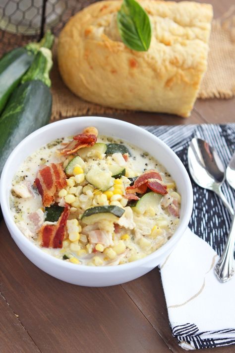 Creamy Zucchini Bacon Corn Soup Bacon Soup Recipes, Creamy Zucchini, Bacon Corn, Chicken Corn Soup, Zucchini Corn, Healthy Soups, Bacon Soup, Summer Vegetables, Hard Cooked Eggs