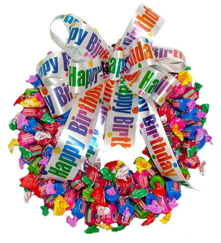 Happy Birthday Wreath, Candy Wreaths, Roll Wreath, Candy Baskets, Bubble Candy, Birthday Ribbon, Cookie Bouquets, Candy Arrangements, Fruit Chews