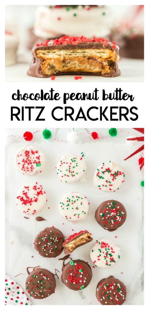 Chocolate Peanut Butter Ritz Crackers:  peanut butter sandwiched between two crackers, covered with chocolate and topped with sprinkles- a delicious holiday treat. Chocolate Covered Ritz Crackers With Peanut Butter, Ritz Crackers With Peanut Butter Covered In Chocolate, Chocolate Covered Pb Ritz, Saltine Peanut Butter Chocolate, Chocolate Ritz Crackers Peanut Butter, Chocolate Peanut Butter Crackers, Christmas Peanut Butter Crackers, Chocolate Covered Peanut Butter Ritz Crackers, Ritz Crackers And Peanut Butter