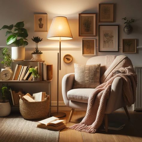 Escape into your favorite stories in this cozy reading nook! 📚💡 What book are you currently lost in?  #ReadingNook #CozyCorner #BookLovers #HomeDecor #RelaxingReads #QuietTime #Bookstagram #InteriorDesign #AIImages #ComfySpace #LiteratureLove #ReadingTime #HomeStyle #RoomInspo #Bookworms #PeacefulPlace #DecorGoals #ChillVibes #HouseParty #PersonalRetreat #HomeLibrary #CozyHome #DecorInspo #LivingRoomDesign #BookishDecor #NookGoals #ReadingSpot #HomeInteriors #LifestyleDesign #CreativeSpaces Reading Corners Living Room, Living Room Book Nook, Reading Corner With Fireplace, Cosy Armchair Reading Corners, Small Snug Room Ideas Cozy Nook, Scandinavian Reading Nook, Cosy Corner Living Room, Cozy Chair Corner, Living Room Reading Nook Ideas