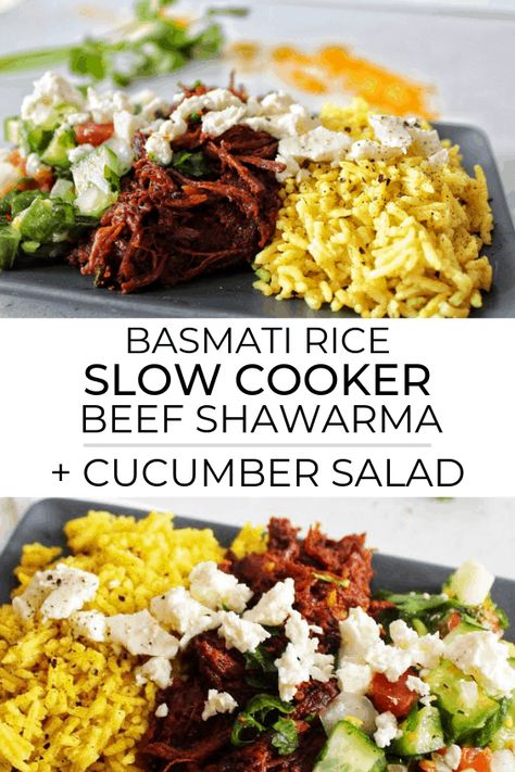 Basmati Rice with Slow Cooker Beef Shawarma and Cucumber Salad | Come Sit At The Table Salad Gluten Free Dairy Free, Fresh Cucumber Salad, Beef Shawarma, Salad Gluten Free, Cooking Roast Beef, Eating Carrots, Shawarma Recipe, Salads Recipes, Dairy Free Paleo