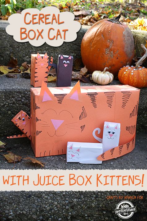 Cereal Box Cat with Juice Box Kittens by Amanda Formaro Valentine Boxes For School, Kids Valentine Boxes, Box Crafts, Valentine Day Boxes, Juice Box, Homemade Toys, Juice Boxes, Cat Valentine, Valentine Box