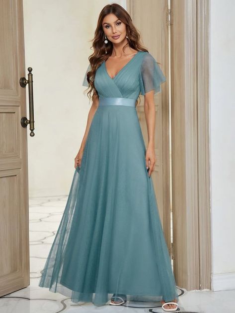 Double V-Neck Floor-Length Short Sleeve Tulle Bridesmaid Dresses beautiful dresses, 1500s dresses, jcpenny dresses #dressesforsale #dressesvideo #dressesup Tulle Bridesmaid Dresses, Short Sleeve Bridesmaid Dress, Tulle Bridesmaid, Bridesmaid Dresses With Sleeves, Tulle Bridesmaid Dress, Sequin Evening Dresses, Ever Pretty, Bridesmaid Gown, Scandinavian Christmas