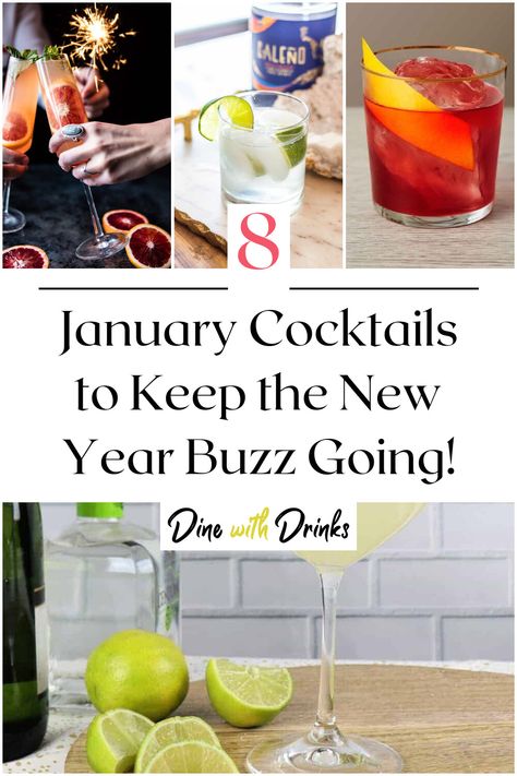 Collage of 4 january cocktails. January Cocktails Recipe, Fun Cocktail Recipes Winter, Fun Winter Cocktails, January Cocktails, Winter Cocktail Drinks, January Drinks, Winter Themed Cocktails, Winter Vodka Cocktails, Easy Winter Cocktails