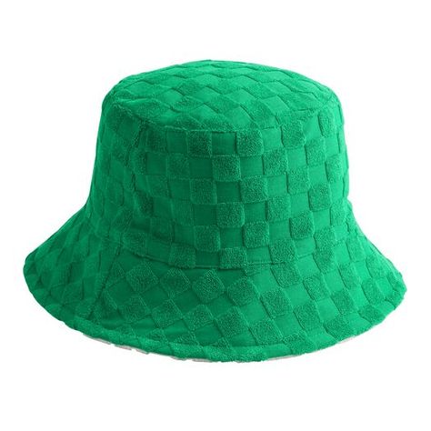 An ontrend accessory for days spent at the beach or by the pool, this sun-shading bucket hat is made of soft terry-cloth fabric in a reversible design. It features an ivory abstract design on one side and green checkered print on the other for two fun looks in one. Green Bucket Hat, Green Checkered, Reversible Bucket Hat, Checkered Print, Cost Plus World Market, Green Hats, Bucket Hats, World Market, Terry Cloth