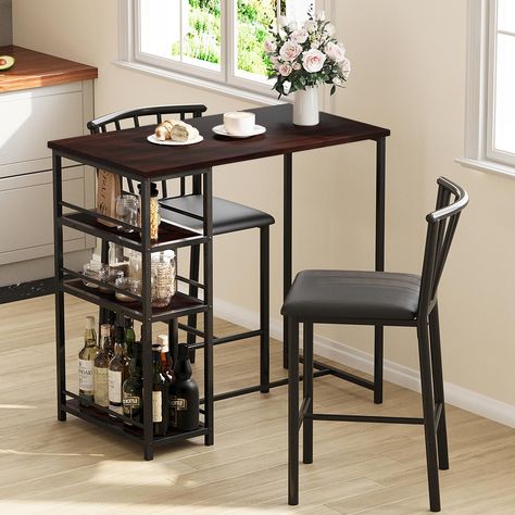 PRICES MAY VARY. [TABLE & CHAIR SET] This 3 piece dinning table set can be used as a kitchen table or pub bar set. Table size: 36" L x 19.7" W x 36.2" H; bar stool size: 14. 8" L x 16.7" W x 36.4" H. Seat height: 22.8". [STURDY AND STABLE] The table is crafted with high-grade MDF board and thick steel frame. The chair is made of leather padded cushion and thesteel frame. All componants are connected tightly by screws, which makes it sturdy for years. [SPACE SAVING] The pair of cushioned stools c Small Bar Table, Bar Table And Chairs, Apartment Table, Dinning Table Set, Industrial Style Table, Kitchen Bar Table, Kitchen Table Set, Eating Table, Bar Dining Table