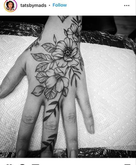 Flower Hand And Wrist Tattoo, Floral Hand And Wrist Tattoo, Floral Hand Tattoo Design, Leaves And Butterfly Tattoo, Flower Tattoo On Hand For Women, Leafy Hand Tattoo, Black Flower Hand Tattoo, Greenery Hand Tattoo, Black And Gray Hand Tattoos