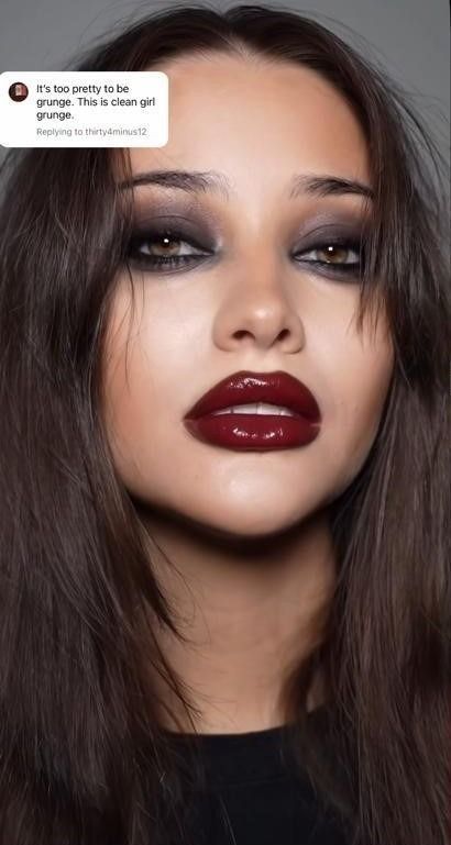 Black Eyeshadow And Red Lips, Black Eyes Red Lips, Goth Red Lipstick, Black Eyeshadow Red Lips, Dark Lip Look, Red Hair Red Lipstick, Dark Cherry Lipstick, Red Grunge Makeup, Smokey Eye Red Lip Makeup