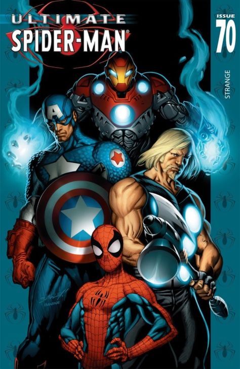 Ultimate Spider-man 70- Ultimates , Captain America, Thor, Iron Man All Spiderman, Mark Bagley, Ultimate Marvel, Ultimate Spider Man, Arte Dc Comics, Ultimate Spiderman, Marvel Comic Character, Spiderman Comic, Ms Marvel