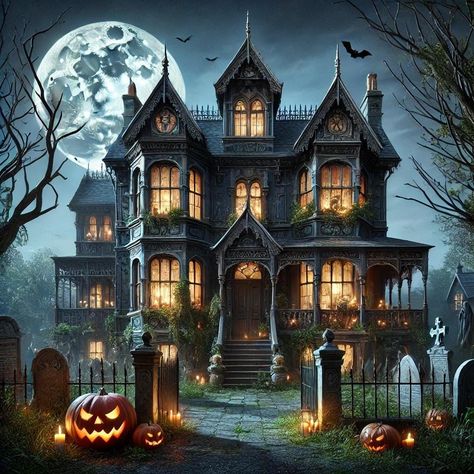 Immerse yourself in the classic UK haunted house with this exquisite artwork. This piece vividly captures the classic spooky scene with flickering jack-o'-lanterns, hanging lanterns, and intricate cobwebs, set against a cold, moonlit sky, the full moon casting an eerie, magical glow over the house. These meticulously detailed artworks evoke the timeless spirit of a darker mood Halloween, making them perfect for seasonal décor. Number 2 in the set. | #Haunted_House_Art #Uk_Halloween #Witches_House #Lanterns_Hanging Halloween Home Exterior, Spooky House Aesthetic, Halloween Mansion, Witch Castle, Halloween Stores, Hunted House, Halloween Houses, Lanterns Hanging, Casa Halloween