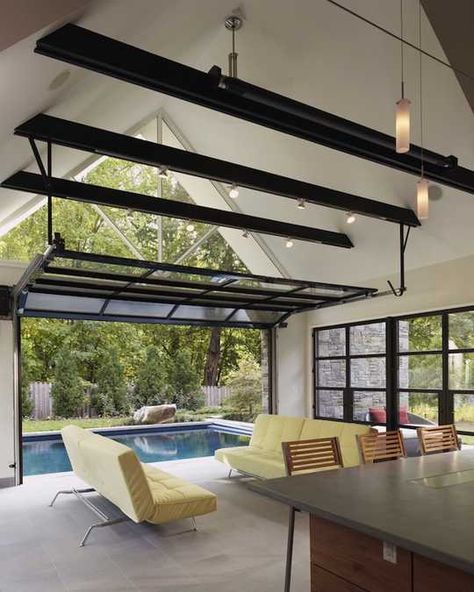 Home indoor outdoor pool | ... pool house design connecting home interiors and outdoor swimming pool Ruang Tamu Outdoor, Casa Fantasy, Pool House Design, Pool House Designs, Glass Garage Door, Home Design Magazines, Indoor Outdoor Pool, Home Addition, Contemporary Living Room