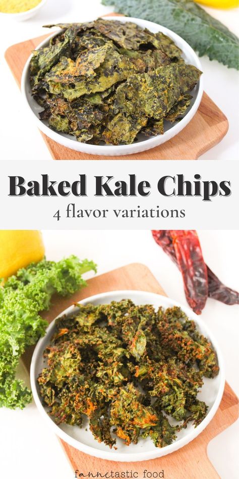 Craving a flavorful healthy snack? These baked homemade kale chips will totally hit the spot – even our toddler loves them! I'm sharing 4 different flavor variations, including spicy nacho and everything bagel kale chips. Baked Kale Chips Oven, Kale Chip, Homemade Kale Chips, Baked Kale Chips, Chip Recipes, Kale Chips Baked, Garlic Kale, Baked Kale, Kale Chip Recipes