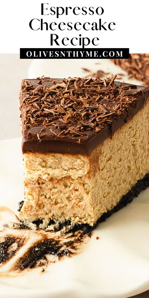 Coffee cheesecake is a smooth and creamy espresso cheesecake with an espresso chocolate cookie crust. For even more decadent coffee flavor, this espresso cheesecake is topped with an easy chocolate coffee ganache. Make this chocolate espresso cheesecake the next time you need a deliciously decadent dessert that’s perfect for the coffee and cheesecake lover in your life. Cappuccino Cheesecake Recipes, Chocolate Coffee Cheesecake, Chocolate Espresso Cheesecake, Best Cheesecake Flavors, Mocha Cheesecake Recipe, Espresso Cheesecake Recipes, Coffee Cheesecake Recipes, Espresso Dessert Recipes, Fall Cheesecakes