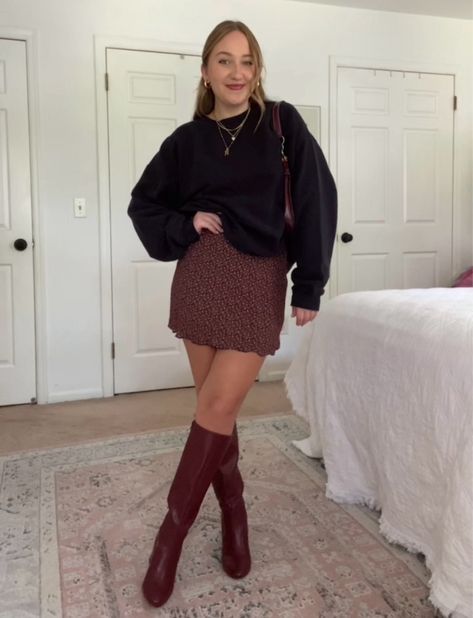 Heeled Tall Boots curated on LTK Red Brown Boots Outfit, Maroon Knee High Boots Outfit, Red Boot Outfit Ideas, Wine Tour Outfit Winter, Burgundy Purse Outfit, Burgundy Skirt Outfit Fall, Maroon Boots Outfit, Tall Boots Outfit Fall Styles, Red Boot Outfit