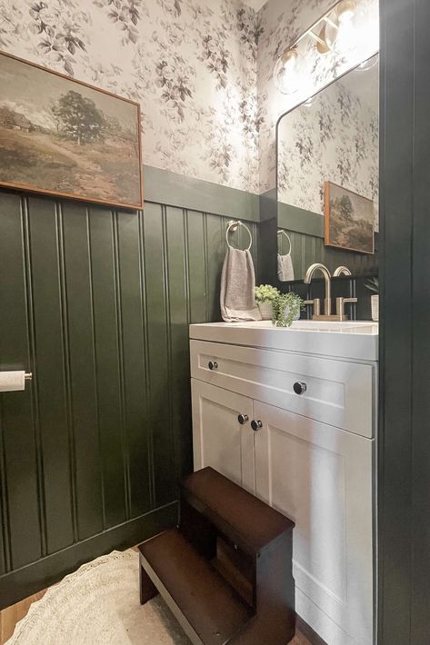 My 7 Best Small Half-Bathroom Decorating Ideas and Tips - Crystel Montenegro Home Green Beadboard Bathroom, Walls With Beadboard, Small Bathroom Wainscoting Ideas, Beadboard Ideas, Tiny Half Bath, Stairs Bathroom, Small Half Bathroom, Beadboard Bathroom, Small Round Mirrors