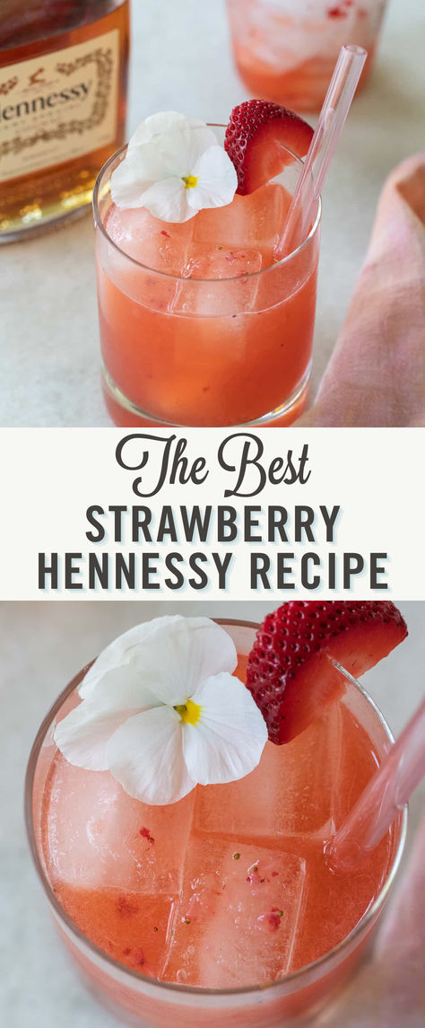 Try this Strawberry Hennessy Cocktail recipe. This perfect summer cocktail is made with Hennessy, strawberries, lime juice, and bubbles. You can enjoy this simple and delightful drink by the pool or at a dinner party. Simple to make and a favorite summer spin on a Hennessy cocktail. Bartender Cheat Sheet Drinks, Hennessy Strawberry Lemonade, Gallon Size Alcoholic Drinks, French Kiss Drink Cocktail Recipes, Breakfast Mixed Drinks, Strawberry Puree Cocktail, New Amsterdam Vodka Recipes Cocktails, Strawberry Lemonade Hennessy Drink, Henny Lemonade Recipe