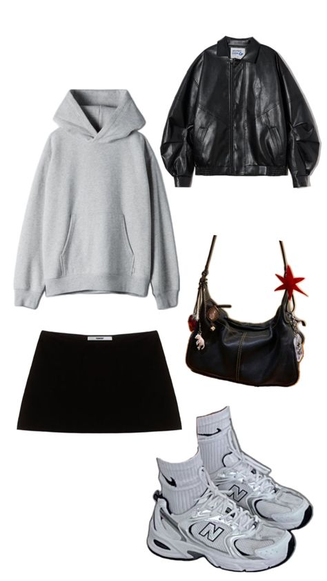 Mini Skirt Leather Jacket, Outfit Inspo Mini Skirt, Leather Jacket Oversized, Uni Outfits, Looks Street Style, Mode Ootd, Skirt Leather, Nyc Fashion, Mode Inspo