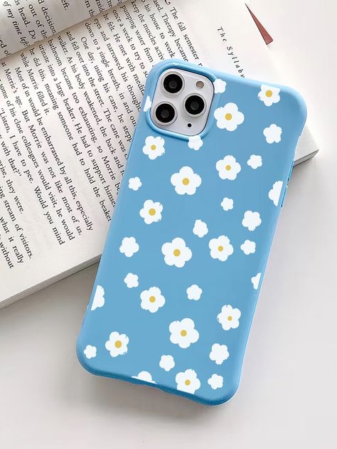 Blue    TPU Floral Phone Cases Embellished   Phone/Pad Accessories Phone Cover Template Free Printable, Things To Paint On Your Phone Case, Blue Phone Cover Aesthetic, Blue Diy Phone Case, Blue Phone Case Ideas, Handmade Phone Case Ideas, Blue Phone Case Aesthetic, Phone Covers Aesthetic, Paper Phone Case