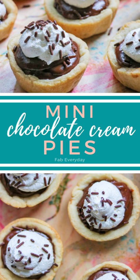 I adapted Aunt Clarica’s family-favorite chocolate cream pie into mini individual chocolate pies. These mini chocolate pies are so delicious, and perfect for parties. Don’t be surprised if you are requested to make this mini chocolate pie recipe again and again. Click or visit FabEveryday.com for the easy mini chocolate pudding pies recipe. Chocolate Pies Easy, Mini Pudding Pies, Mini Pie Crust Ideas, Mini Chocolate Cream Pies, Mini Chocolate Pies, Mini Pies Easy, Chocolate Cream Pies, Mini Chocolate Pie, Pies Easy