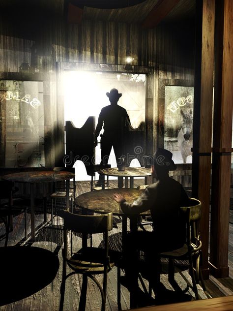 Illustration about Interior view of a western saloon, with several tables. A man is entering in the saloon and is facing another man sat at a table. Illustration of bottles, western, cards - 15047832 Cowboy Saloon Bar, Cowboy Saloon Western Theme, Old West Interior, Western Set Design, Western Saloon Interior, Saloon Illustration, Saloon Aesthetic, Saloon Interiors, Wild West Saloon