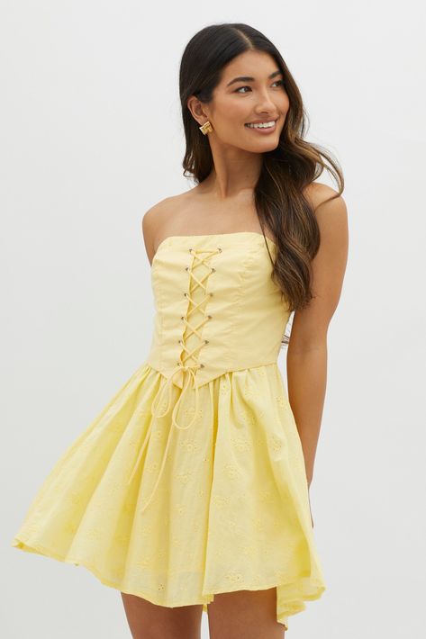 Mon Petit Lace-Up Bodice Mini Dress Yellow Belle Outfit, Hoco Inspo, Outfit Short, Yellow Bridesmaids, Red Bridesmaids, Veil Hairstyles, Eyelet Embroidery, Blue Bridesmaids, Baguette Bag