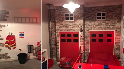 Mum creates amazing fire station bedroom for four-year-old son with a budget of under £100 Fireman Bedroom, Fireman Room, Firefighter Bedroom, Fire Truck Bedroom, Fire Truck Room, Firefighter Room, Fireman Decor, Truck Room, Brick Effect Wallpaper