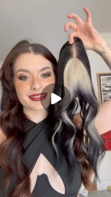 Caitlin Ford on Instagram: "Just a quicky style video to show you how versatile my wig toppers are! Get a flash of color or try out bangs without the commitment or bleach! This set isn’t the right base color for my hair (jet black) but it is available for someone else ready to ship!  Today is the last day to shop the whole website using code NEWNEW15 for 15% off your entire purchase!

⠀⠀⠀⠀⠀⠀⠀⠀⠀ 
⠀⠀⠀⠀⠀⠀⠀⠀⠀ 

⠀⠀⠀⠀⠀⠀⠀⠀⠀
#clipinbangs #diycolor #rainbowbangs #rainbowhair #rainbowheads #caitlinfordhair #manicpanic #arcticfoxhaircolor #pravana #colorfulhair #modernsalon #americansalon" Black With Platinum Money Piece, Underlayer Hair Color Brown, Black Hair With Platinum Underneath, Money Piece On Black Hair, Black Peekaboo Hair, Black Hair Blonde Bangs, Dark Underneath Hair, Wig Toppers, Blonde Bangs