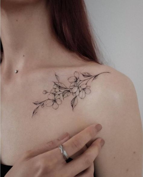 Apple Blossom Tattoo, Tattoo On Collarbone, Cherry Blossom Tattoo Shoulder, Apple Blossom Tattoos, Jasmine Tattoo, Apple Tattoo, Simple Flower Tattoo, Floral Tattoo Shoulder, Tiger Tattoo Design