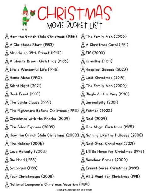 Winter Movie Bucket List, December Movie List, Christmas Movie Bucket List, Christmas Bucket List For Couples, Xmas Bucket List, Christmas Movie Night Ideas, Movie Bucket List, Christmas Bucket List Printable, Christmas Date Ideas