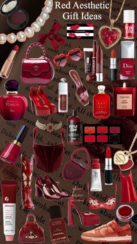 Red Aesthetic Gift Ideas #myfirstshuffle #red #redaesthetic #fashion #aesthetic #christmas #giftguide #gift #giftideas #giftinspo Dark Feminine Aesthetic Makeup Products, Cherry Gift Ideas, Cherry Core Outfits, Dark Red Aesthetic Outfit, Red Feminine Aesthetic, Red Girly Aesthetic, Christmas Gift Ideas Aesthetic, Red Wishlist, Aesthetic Christmas Wishlist