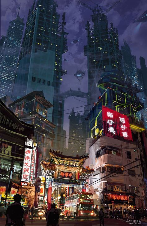 Neo Tokyo inspiration - mixing the old in with the new, traditional Japanese buildings shown down at the ground level in amidst the bright street lights from all the street vendors and businesses. Set to a backdrop of towering sky-scrappers plunging into the darkness, the contrasting lights from the offices in the towers appear like stars in the night sky. Asian City, Art Cyberpunk, Sci Fi City, Neo Tokyo, Sci Fi Environment, Anime City, City At Night, Cyberpunk City, Arte Cyberpunk