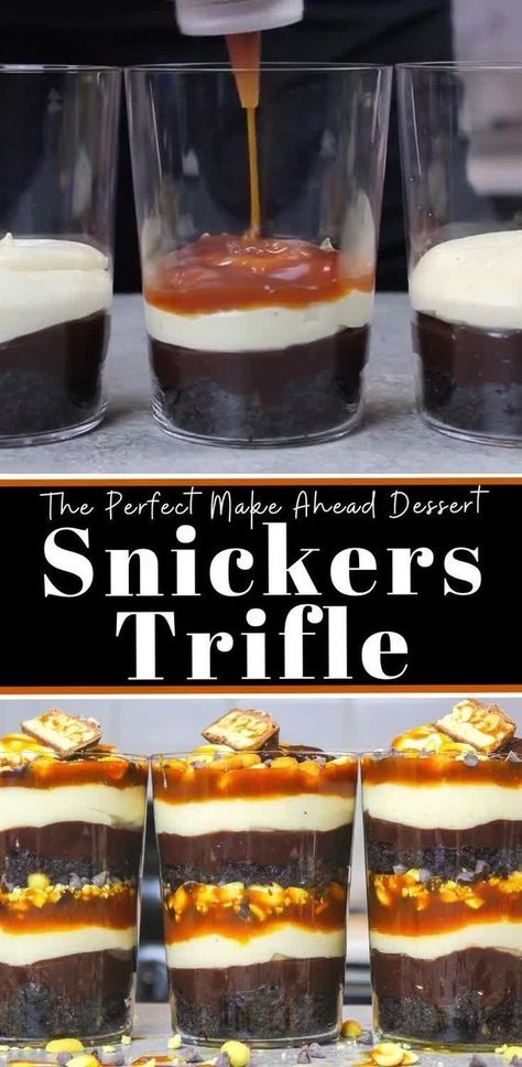 Snickers Trifle, Mason Jar Desserts Recipes, Dessert Shooters Recipes, Peanut Butter Whipped Cream, Fluffy Chocolate Cake, Smores Dessert, Dessert Cups Recipes, Mini Dessert Recipes, Mason Jar Desserts