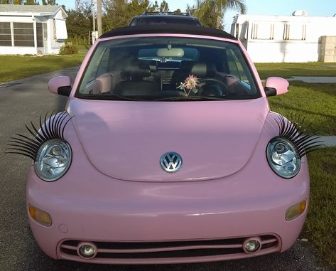 Volkswagen Beetle Eyelashes, Pink Car With Eyelashes, Pink Convertible Beetle, Pink Beatles Car, Pink Volkswagen Beetle Convertible, 2014 Beetle Volkswagen, Pink Buggy Car, Pink Punch Buggy, Cute Volkswagen Beetle