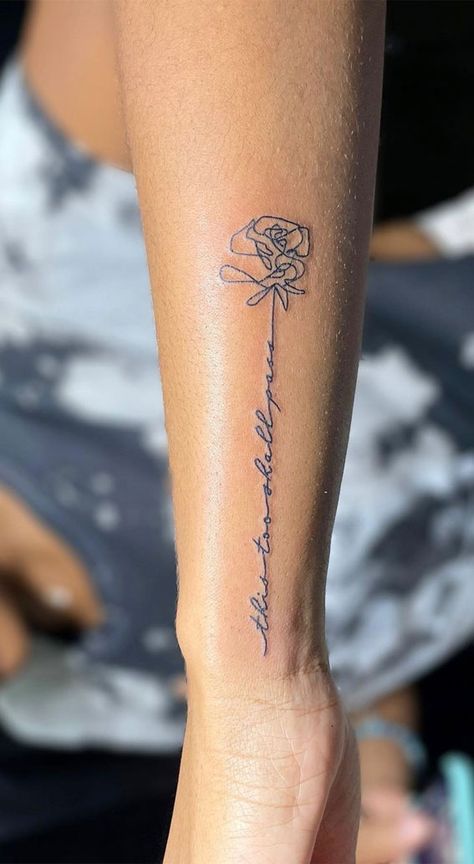 Woman's Forearm Tattoo Ideas, Side Arm Wrist Tattoo, Meaning Arm Tattoos For Women, Word Tattoo With Flowers Around It, Womens Side Arm Tattoos, Meaningful Tattoo Ideas For Women Arm, Writing Flower Tattoo, Forearm Tattoo Women Self Love, You Are Enough Tattoos For Women Forearm