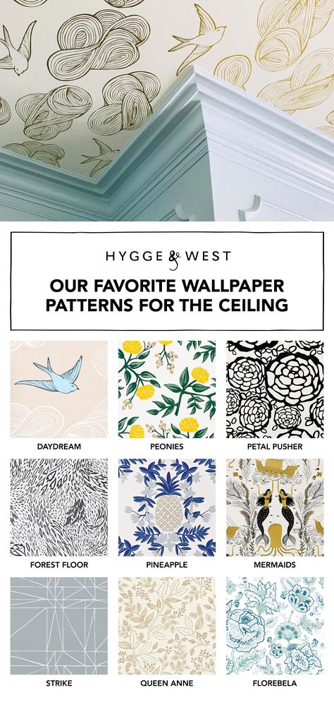 Don't forget the 5th wall! Get inspired with Hygge & West's top wallpaper picks for your ceiling. Hygge & West, Top Wallpaper, Wallpaper Ceiling, Dining Room Ceiling, Petal Pushers, Bathroom Ceiling, Kitchen Ceiling, Inspire Me Home Decor, Wallpaper Patterns