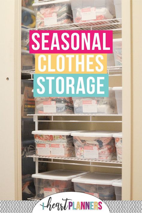 Some great tips and ideas for how to store seasonal clothes - for both kids and adults to avoid closet clutter. Keep your off season clothes organized will help make it easier to choose what to wear each day. Storage For Seasonal Clothes, Seasonal Wardrobe Storage, Organize Seasonal Clothes, How To Organize Seasonal Clothes, Storing Summer Clothes, Winter Clothing Storage, Off Season Clothes Storage Ideas, How To Store Seasonal Clothes, Storing Off Season Clothing