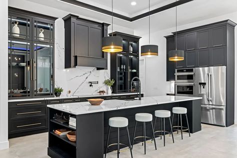 Oakleigh™ Modern Black Countertops Kitchen, Charcoal Cabinets White Countertops, Black Cabinets Quartz Countertops, Black White And Gray Kitchen Ideas, Black Transitional Kitchen, Black Condo Kitchen, Down Home Fab Kitchen, Black And White Open Concept, Black Cabinet With Black Hardware