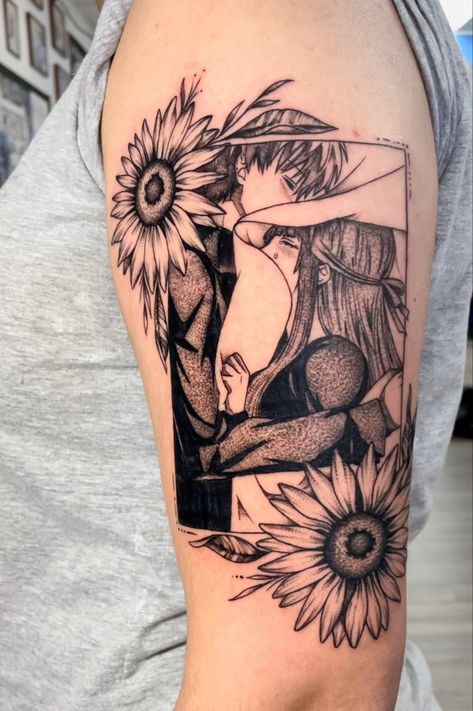 In love with my fruits basket tattoo! I chose sunflowers because of the art work where tohru is in the sunflowers reaching out and kyo is reaching for the sun (like sunflowers) Romance Anime Tattoo Ideas, Fruits Basket Anime Tattoo Ideas, Kyo Tattoo Fruits Basket, Fruit Basket Tattoo Anime, Fruits Basket Tattoo Anime, Kyo And Tohru Tattoo, Fruit Basket Tattoo, Kyo Tattoo, Fruits Basket Tattoo