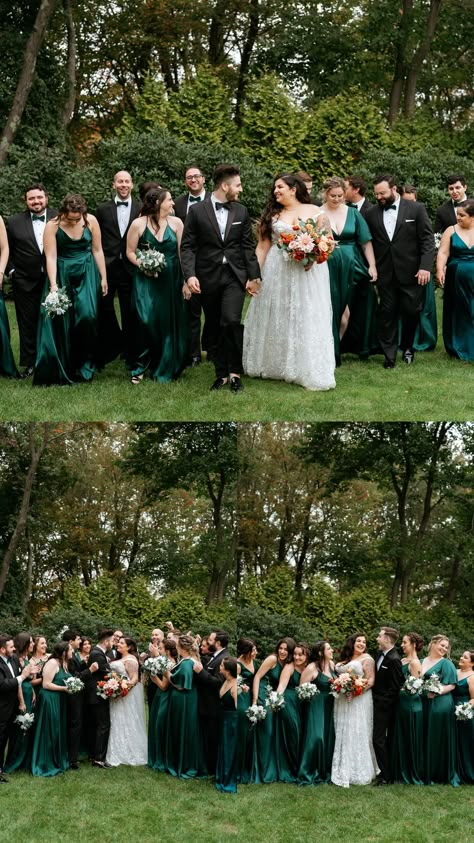 Miriam and Austin's candid bridal party photos, set against the backdrop of Avenir, exude warmth and joy. these authentic moments capture the essence of friendship and celebration, creating lasting memories of their special day. Discover bridal party photos, bridal party photoshoot ideas, bridal party photos green bridal party photos aesthetic and emerald green bridesmaid dresses. Book Bella for your luxury wedding or engagement at bellagaviniphoto.com! Emerald Green Wedding Bridal Party, Emerald Green Bridal Party Color Schemes, Black White And Green Wedding Groomsmen, Silk Emerald Green Bridesmaid Dresses, Hunter Green Bridal Party, Emerald Bridal Party, Forest Green Wedding Party, Uneven Bridal Party Photos, Dark Green Bridal Party