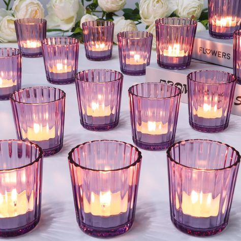 PRICES MAY VARY. 【Worth Owning】You will receive 24 votive candle holders, each measuring 2.16" in diameter and 2.37" in height. They are perfect for holding tealight candles, round candles, pillar candles, LED candles, and floating candles with a diameter of 1.5 inches. 【High Quality Thickened Glass】The purple tealight candle holders are crafted from heat-resistant thickened glass, which protects them from shattering due to overheating. Each one is individually packed in compartments inside a pr Plum Color Bridal Shower Ideas, Lavender Arrangement Decoration, Classy Table Centerpieces, Lavender And Gold Centerpieces, Purple And Red Wedding Theme Decor, Purple Gold Party Decorations, Lilac And Purple Wedding, Party Decorations For Adults Women, Table Decorations Purple