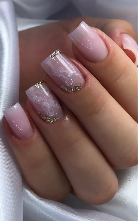 Nude Gel Nails With Design, Elegant Nails Square, Nail Ideas Sparkle, Milky Nails French, Complicated Nail Designs, Cute Nail Ideas Short, Simple Nails French, Elegant Short Nails, Pink Foil Nails