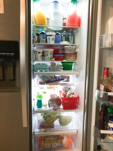 Fridge Organization For Side By Side, Side By Side Fridge Organization Ideas, French Door Fridge Organization, Side By Side Fridge Organization, Narrow Refrigerator, Organization Refrigerator, Small Fridge Organization, Refrigerator Makeover, Fridge Organized