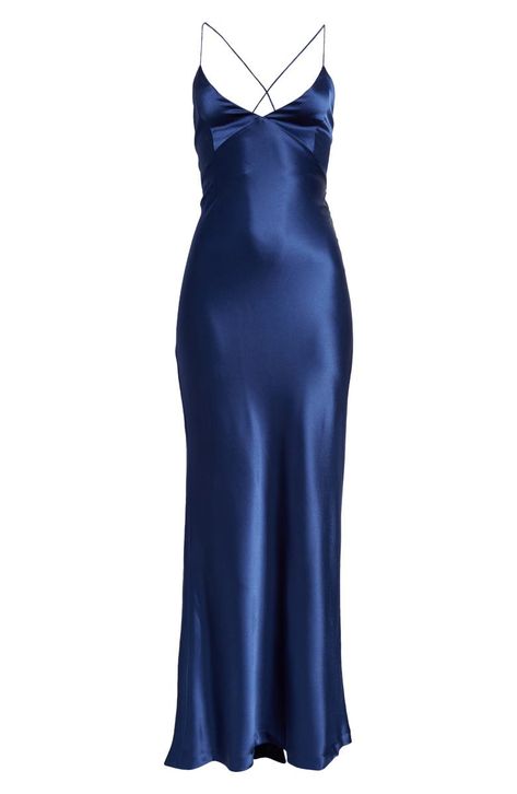 Summon flirty energy in this stunning satin slipdress with a lace-up open back and a drapey detail in the back that looks like an abbreviated train Dark Blue Silk Dress, Navy Satin Dress, Cobalt Dress, Prom Dress Inspo, Lil Black Dress, Blue Silk Dress, Silk Dress Long, Prom Dress Inspiration, Backless Prom Dresses