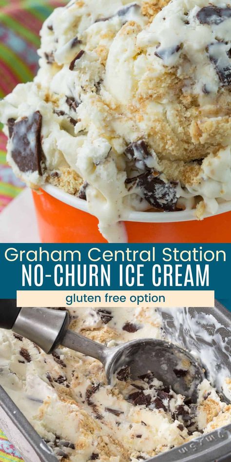 This Bruster's Graham Central Station Ice Cream Copycat recipe is made with just four ingredients including graham crackers, condensed milk, heavy cream, and chocolate chips! A rich and creamy no-churn ice cream, it's easily made gluten free and has all the flavors of the Bruster's original. Brusters Ice Cream Recipe, Graham Central Station Ice Cream Recipe, Graham Cracker Ice Cream, Churn Ice Cream, Gluten Free Ice Cream, Protein Ice Cream, Chocolate Graham Crackers, No Churn Ice Cream, Ice Cream Flavors