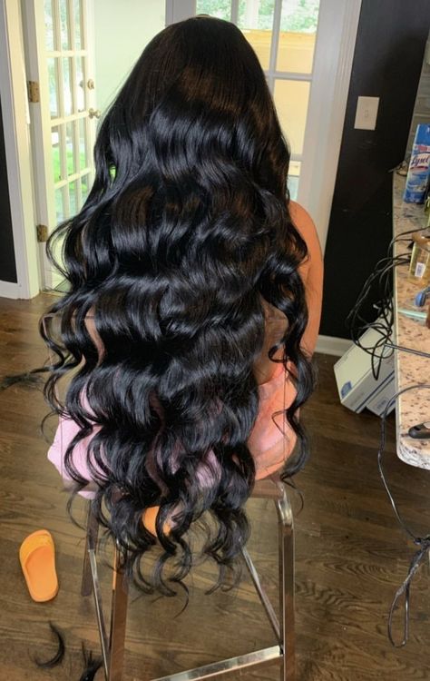 Long Wand Curls, Long Black Crimped Hair, Long Black Curled Hair, Black Curled Hair, Wavey Hair Styles Long, Long Black Curls, Curled Black Hair, 26 Inch Hair Extensions, Loose Curls Long Hair