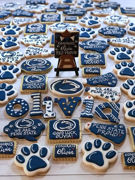 Penn State Graduation Cookies College Signing Day Cookies, Penn State Cookies Decorated, Penn State Cake Graduation, Penn State Acceptance Letter, Penn State Decorations, Penn State Tailgate Ideas, Penn State Birthday Party, Penn State Cookies, Penn State Party Ideas