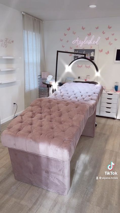 Waxing Bed For Salon, Pink And White Lash Room, Curved Lash Bed, Lash Bed Setup Ideas, Eyelashes Bed, Lash Room Decor Ideas Interior Design, Lash Bed Setup, Lash Shed, Lash Room Aesthetic